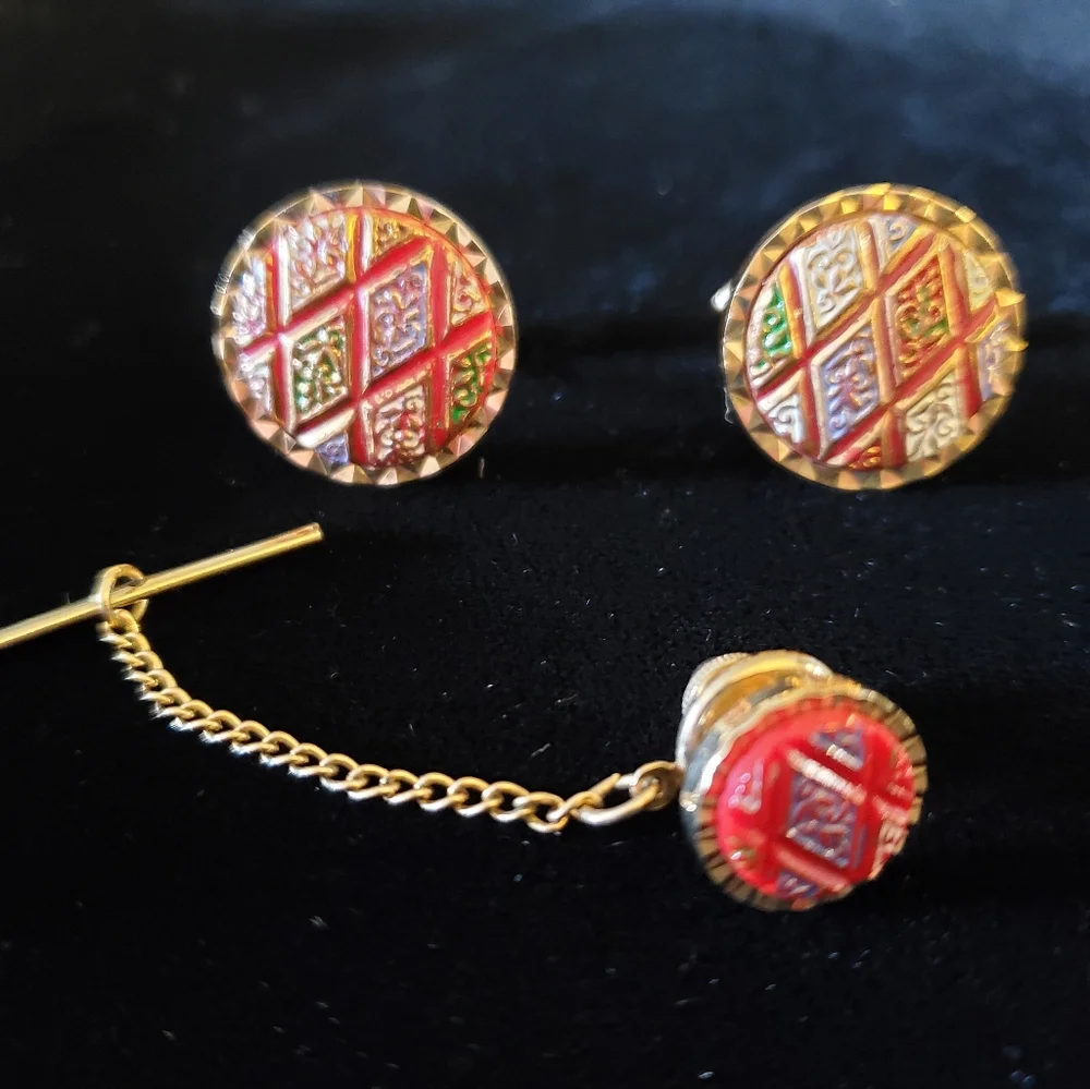 Red and Gold Harlequin Diamond Cufflinks Tie Tack Set 1950's 1960's Mid-century